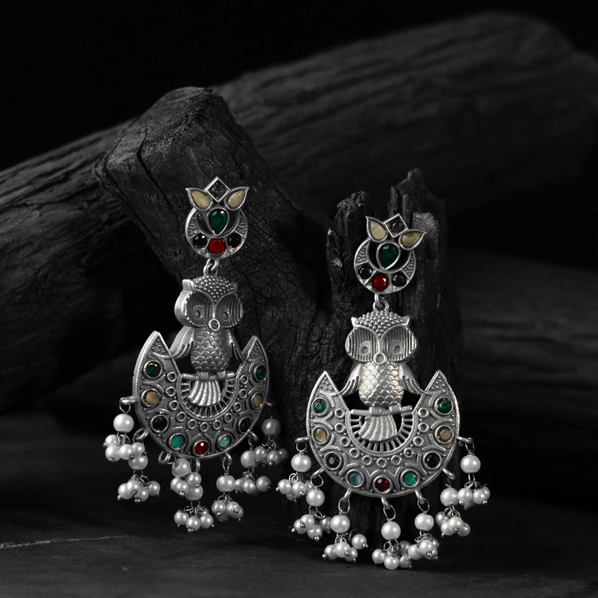 Saanjh Bela Multicolor Owl Oxidised Earrings