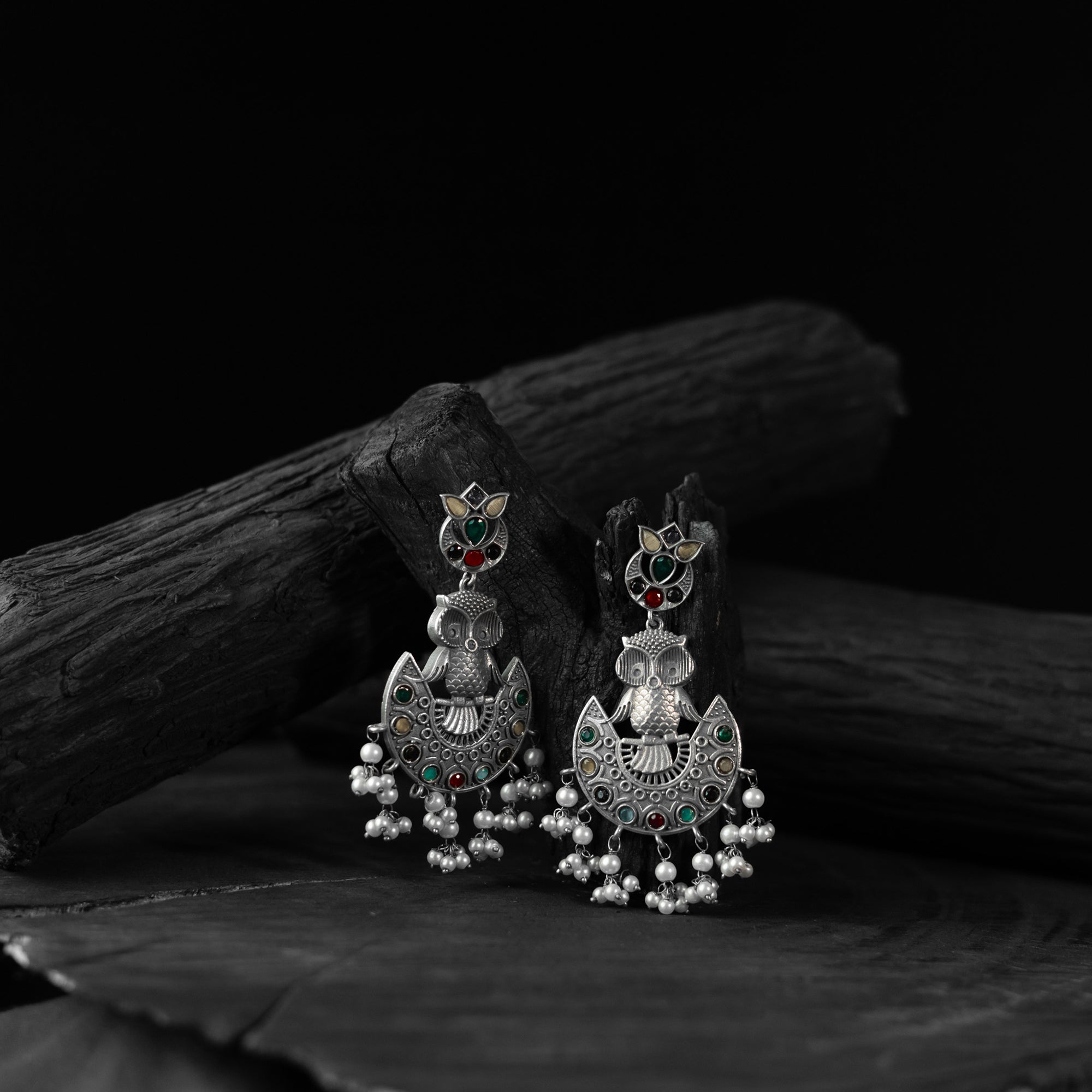 Saanjh Bela Multicolor Owl Oxidised Earrings