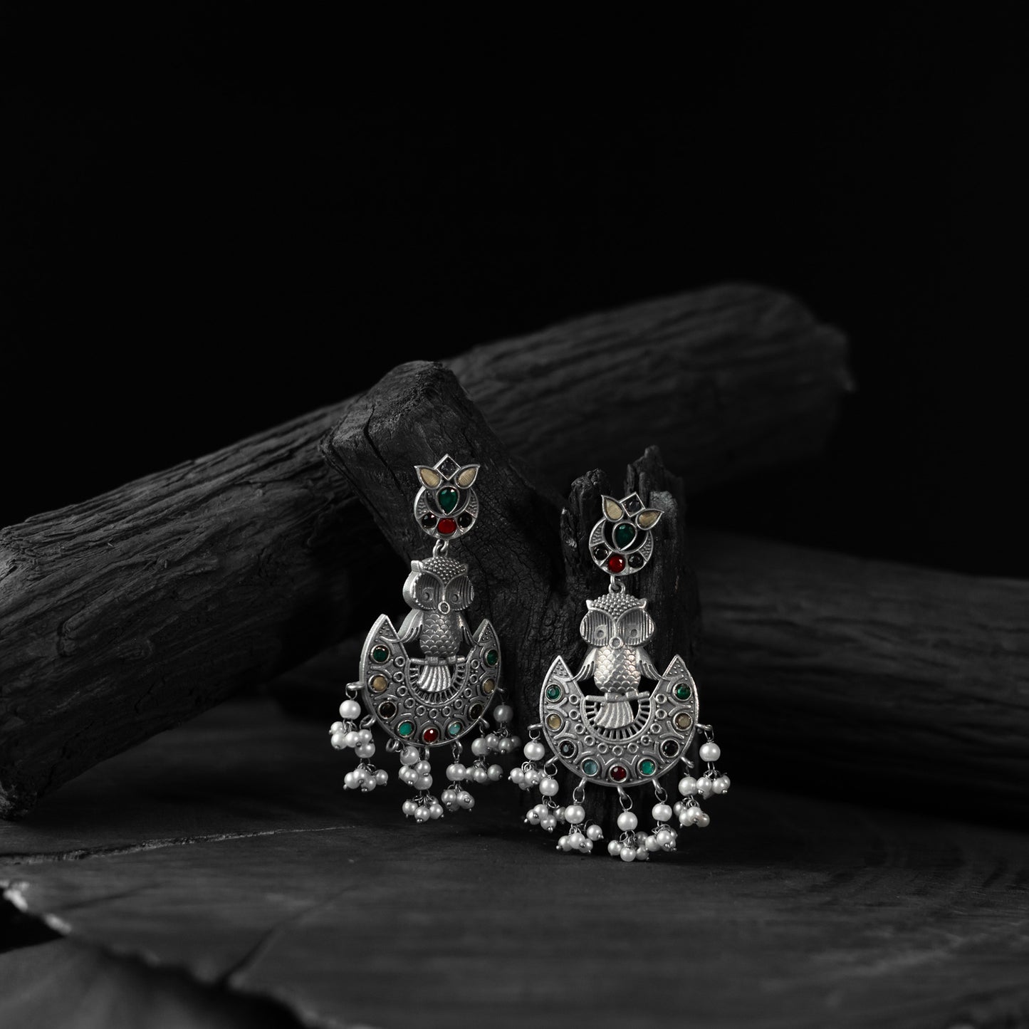 Saanjh Bela Multicolor Owl Oxidised Earrings