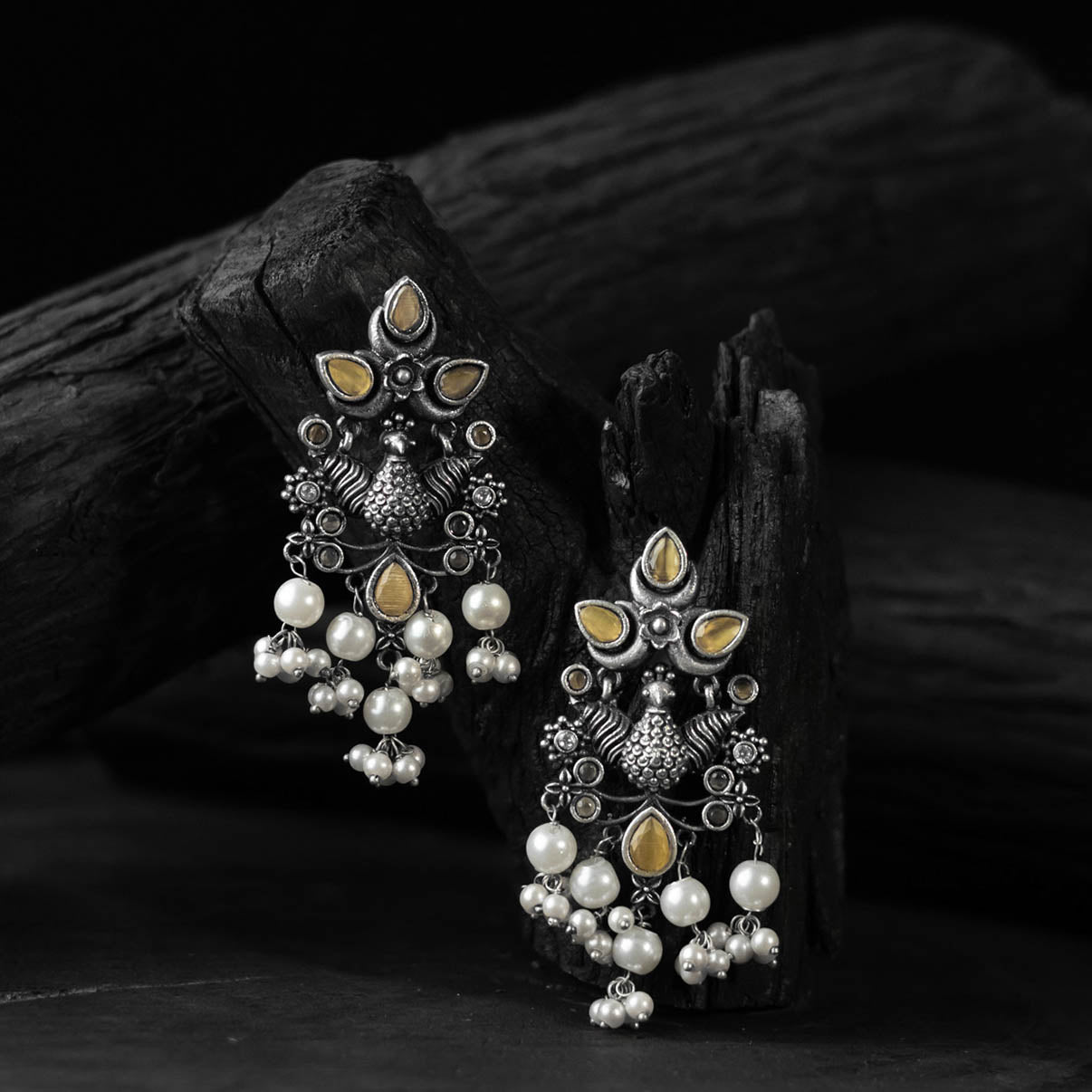 Saanjh Bela Yellow Peacock Pearls Oxidised Earrings