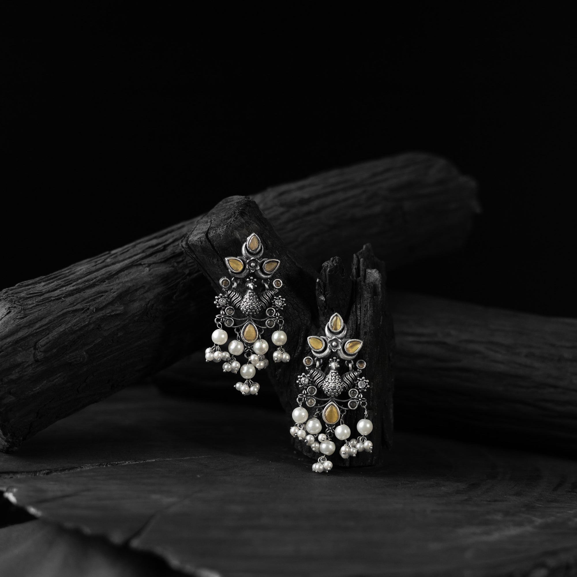 Saanjh Bela Yellow Peacock Pearls Oxidised Earrings
