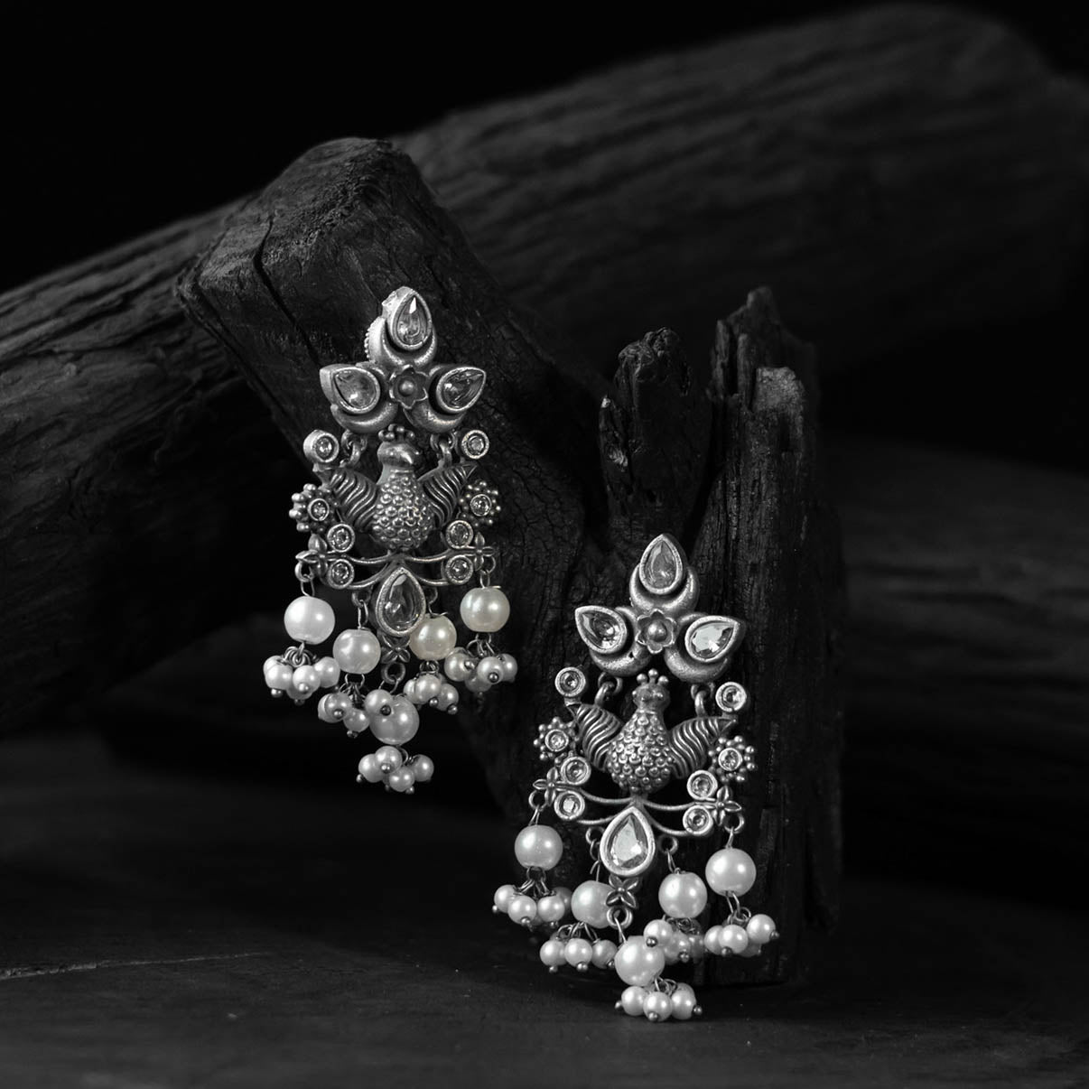 Saanjh Bela Peacock Pearls Oxidised Earrings