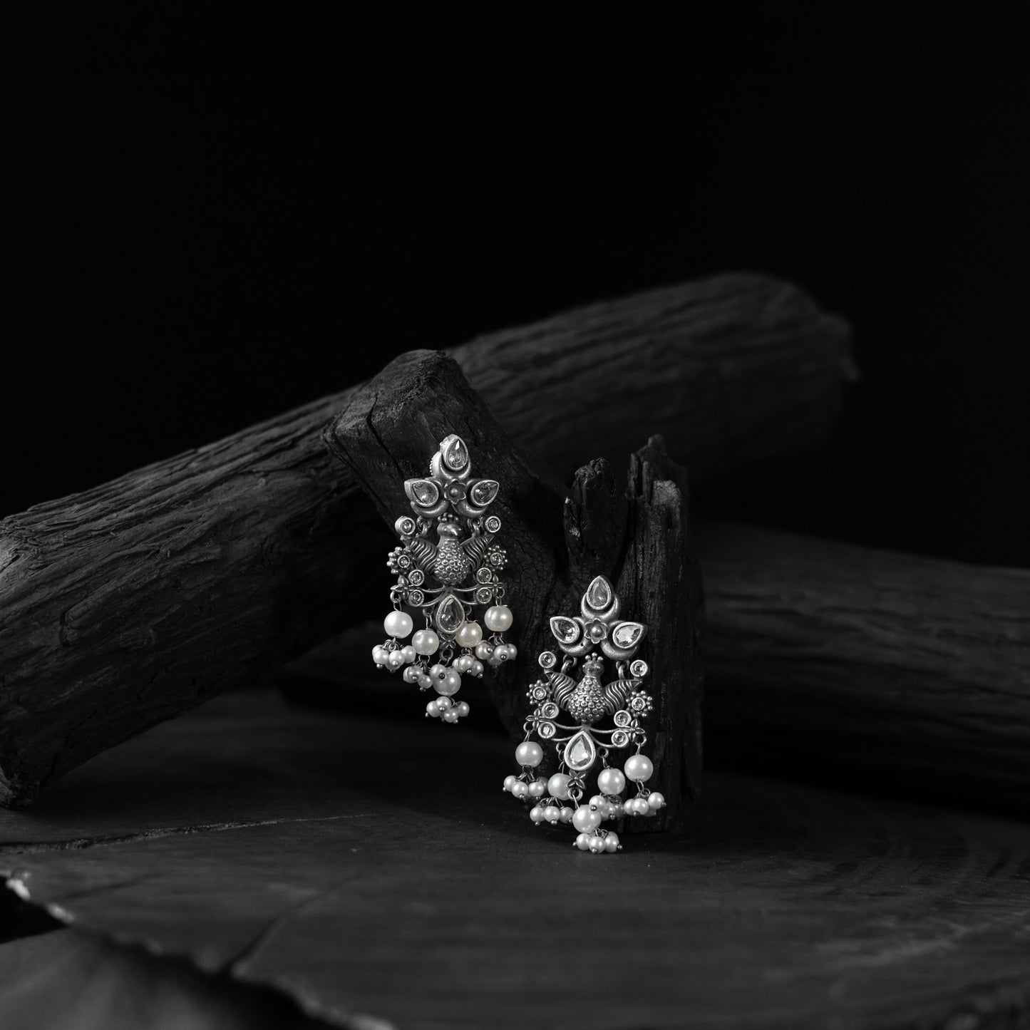 Saanjh Bela Peacock Pearls Oxidised Earrings