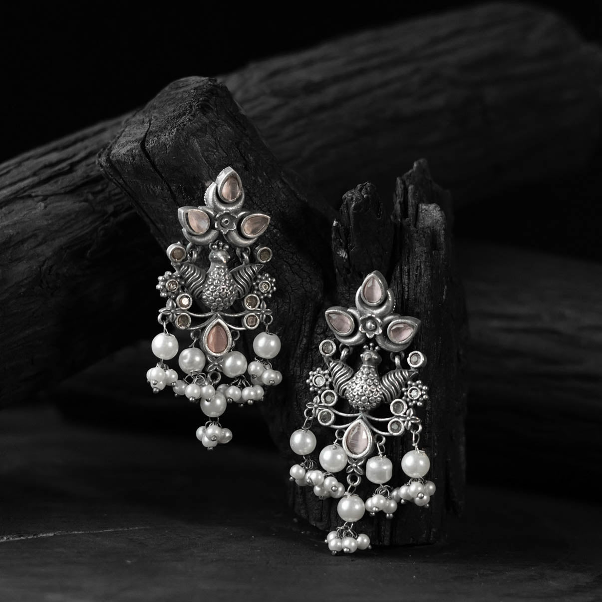 Saanjh Bela Light Pink Peacock Pearls Oxidised Earrings