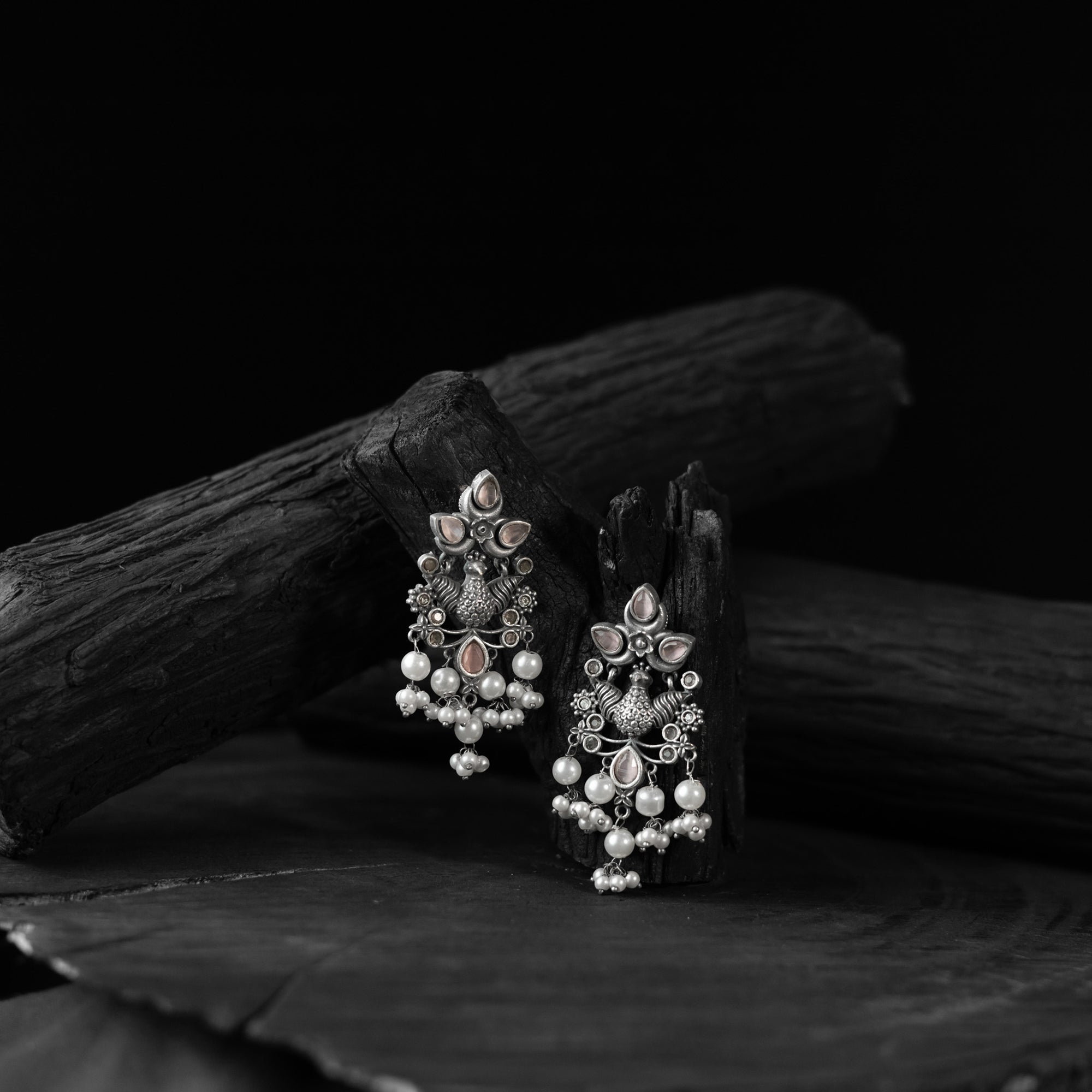 Saanjh Bela Light Pink Peacock Pearls Oxidised Earrings