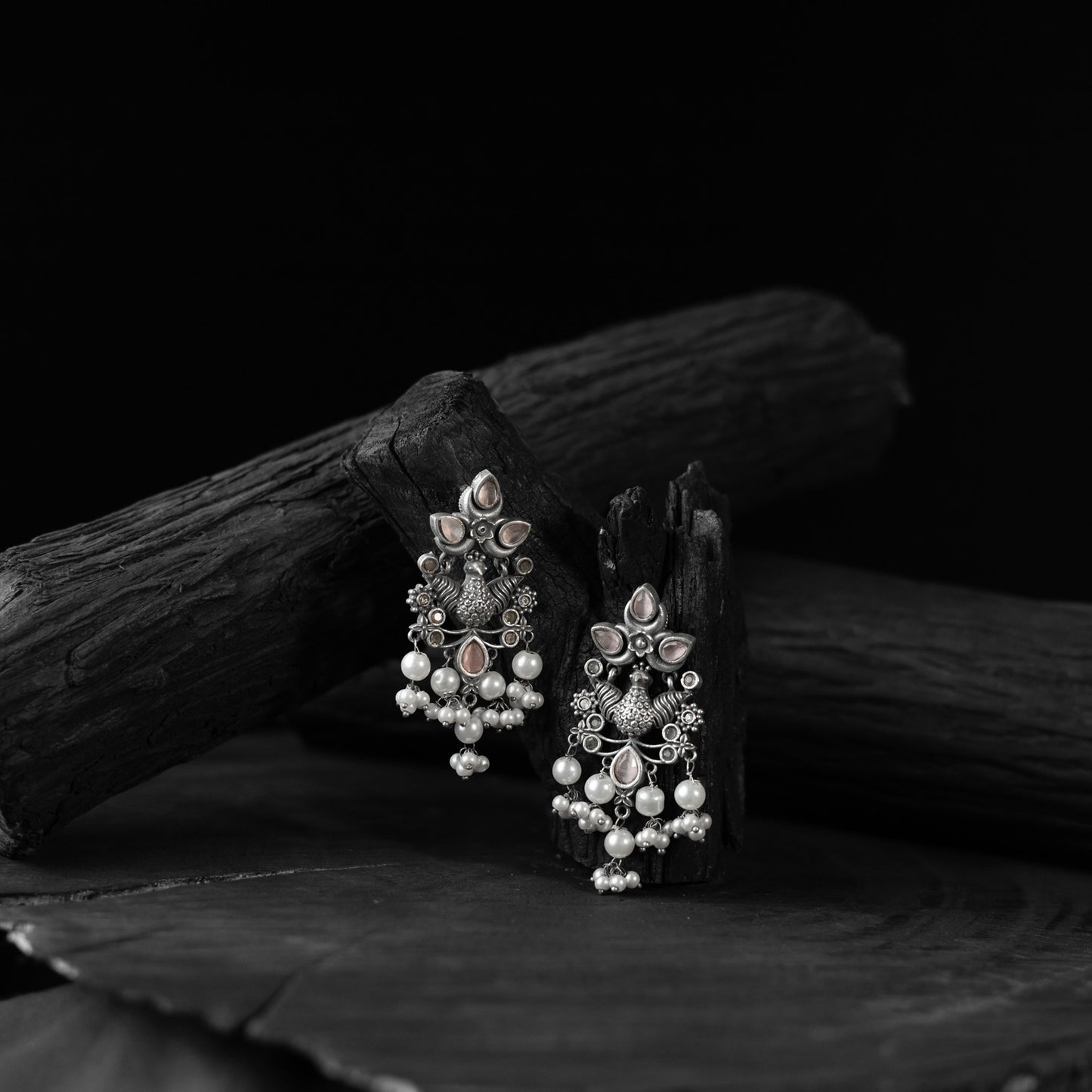 Saanjh Bela Light Pink Peacock Pearls Oxidised Earrings