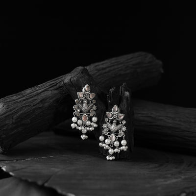 Saanjh Bela Light Pink Peacock Pearls Oxidised Earrings