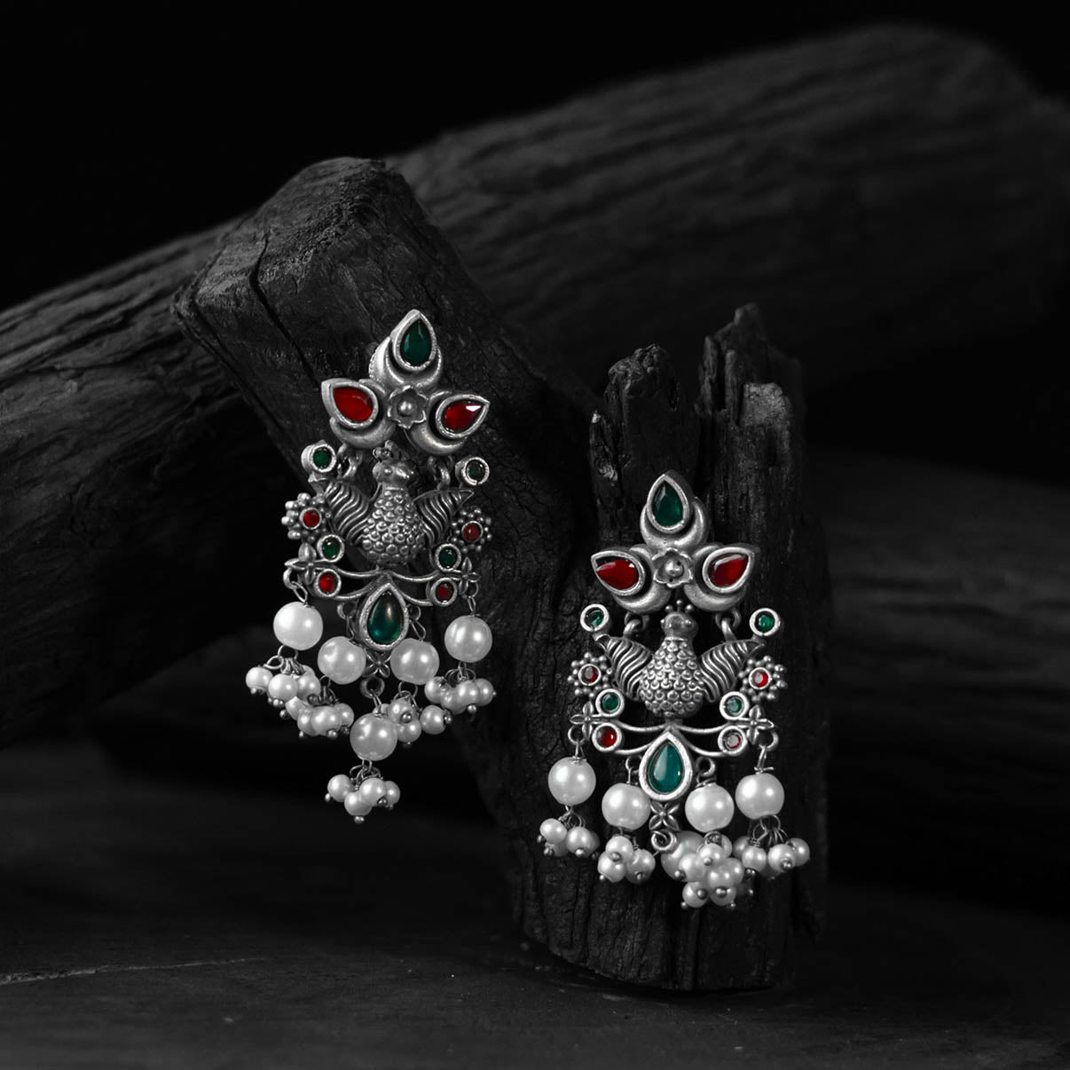 Saanjh Bela Green & Red Peacock Pearls Oxidised Earrings