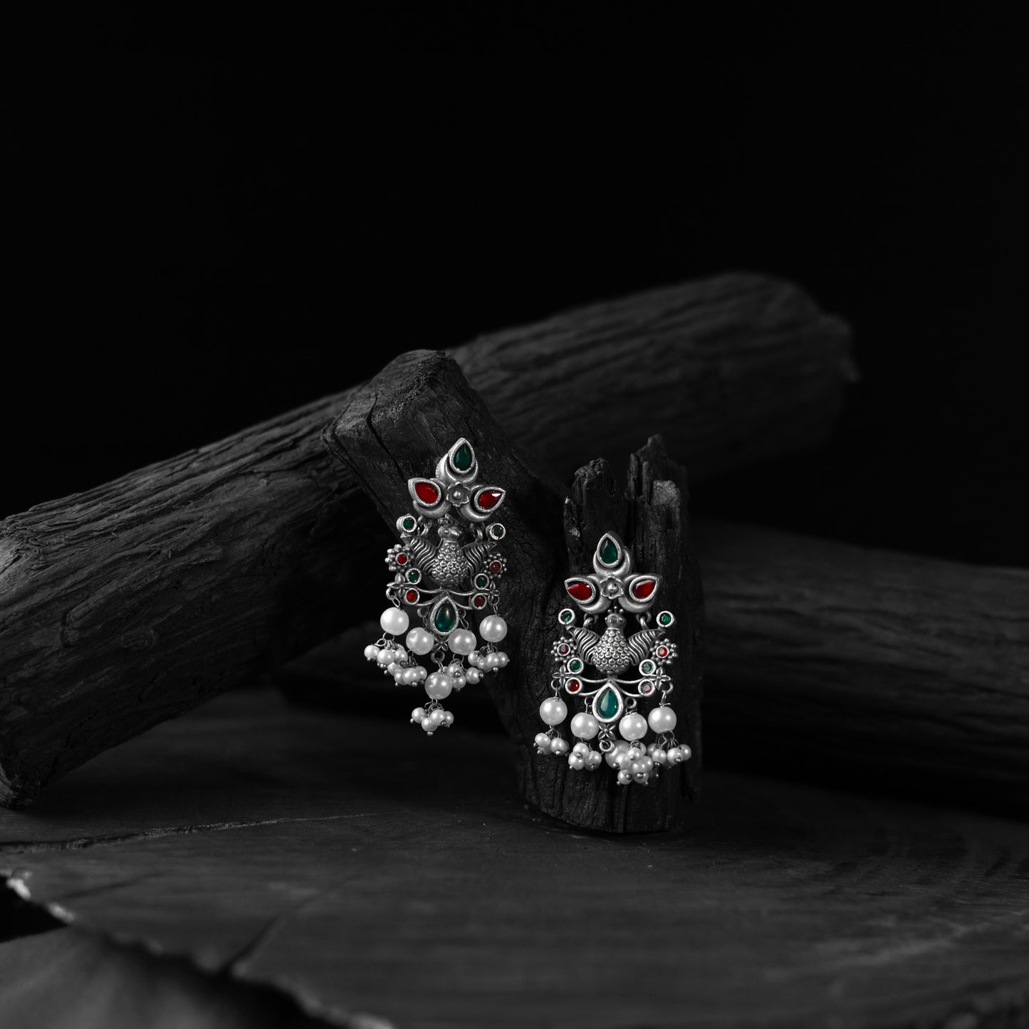 Saanjh Bela Green & Red Peacock Pearls Oxidised Earrings