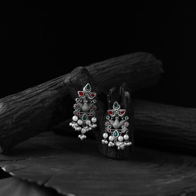 Saanjh Bela Green & Red Peacock Pearls Oxidised Earrings