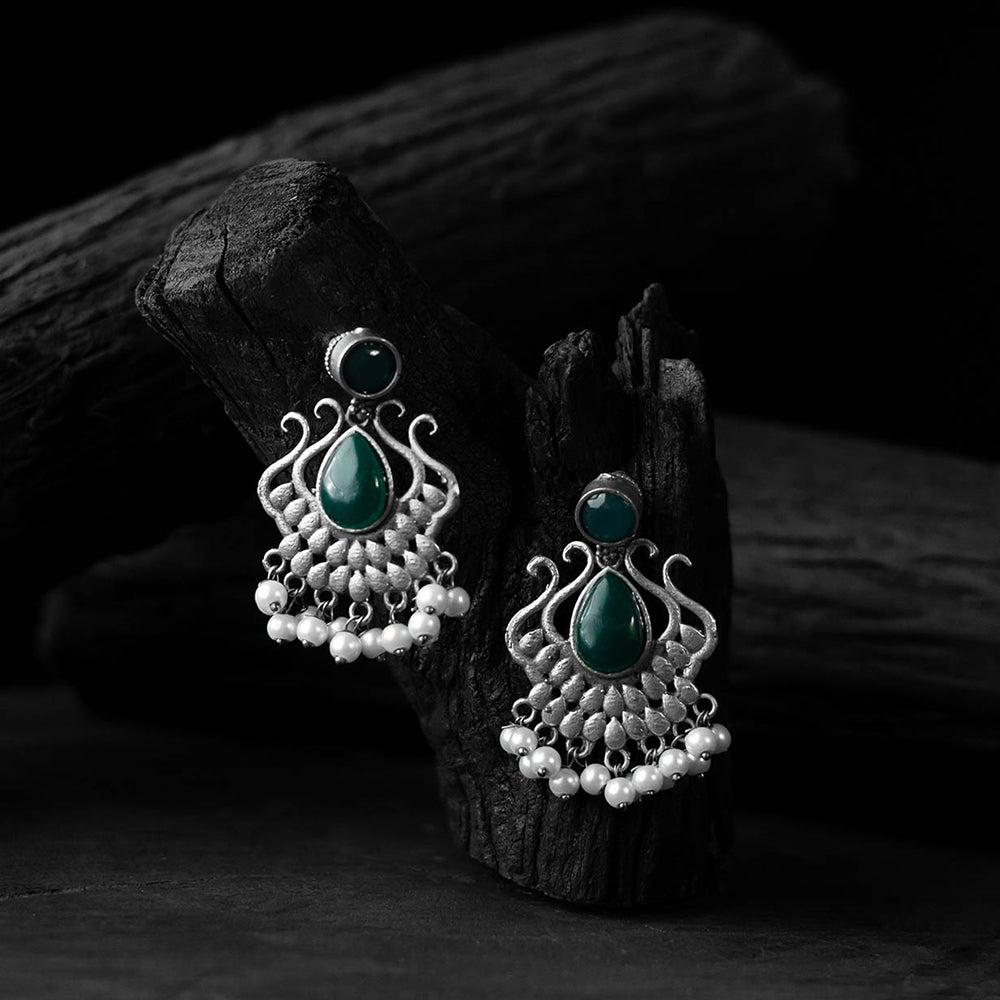 Saanjh Bela Green Lotus Oxidised Earrings