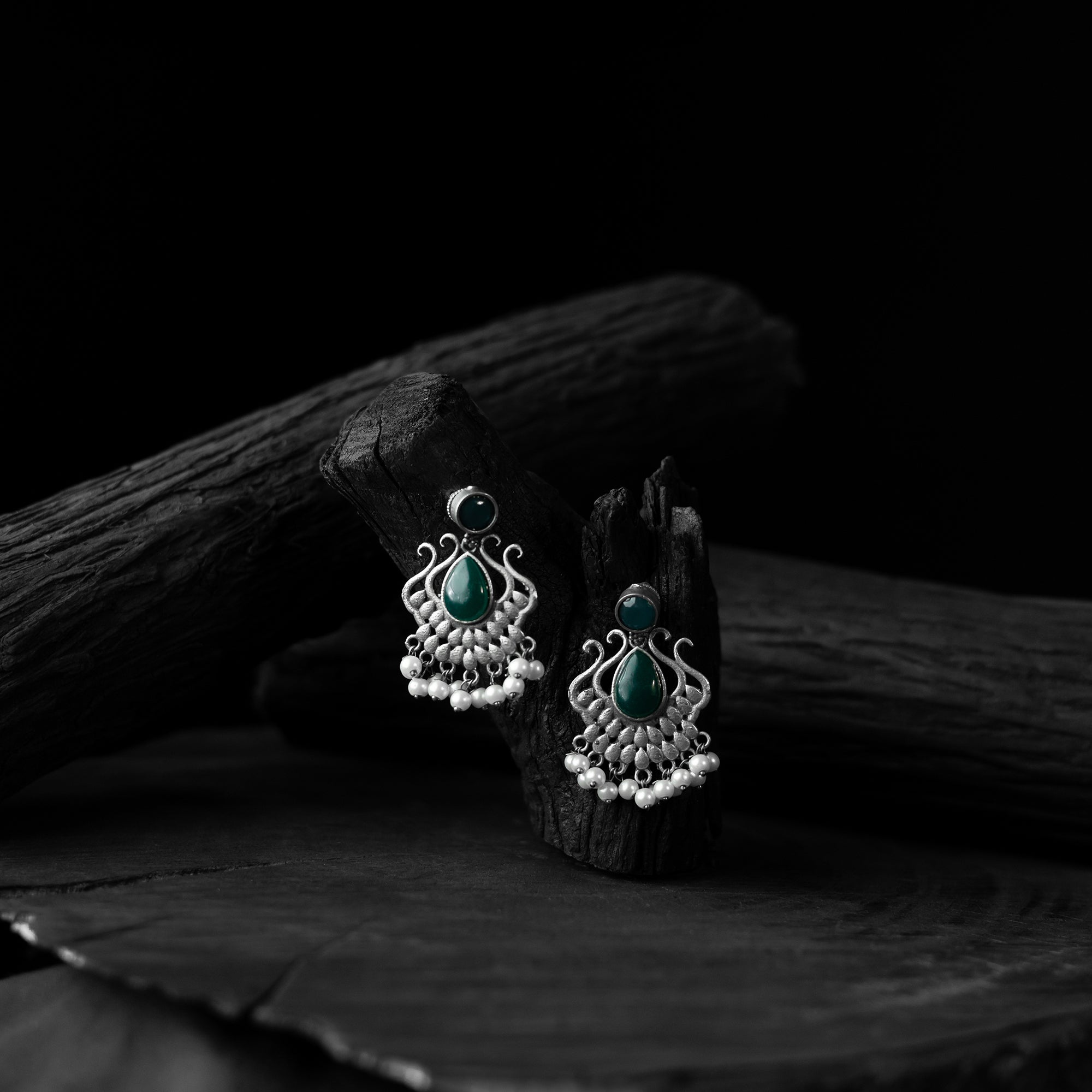 Saanjh Bela Green Lotus Oxidised Earrings