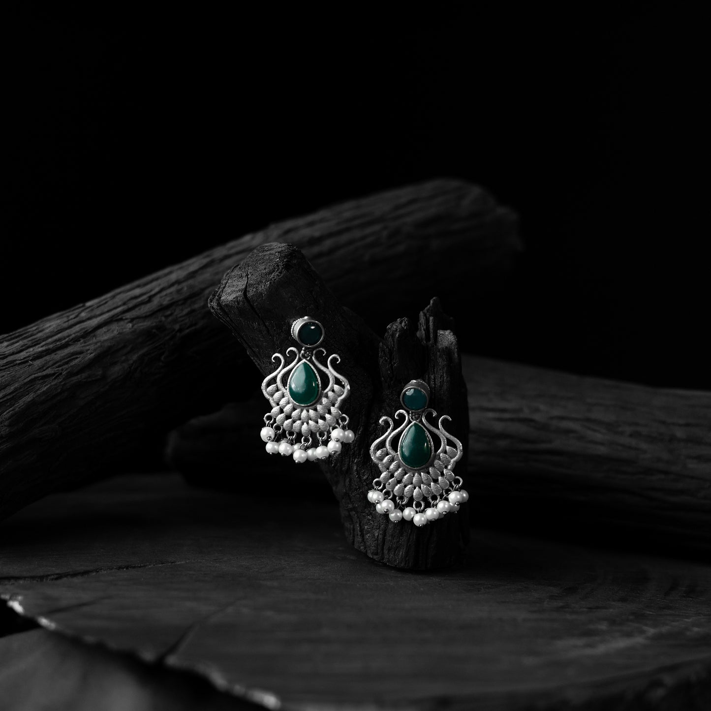 Saanjh Bela Green Lotus Oxidised Earrings