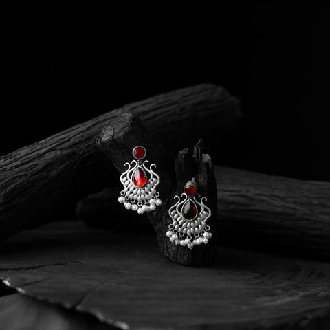 Saanjh Bela Red Lotus Oxidised Earrings