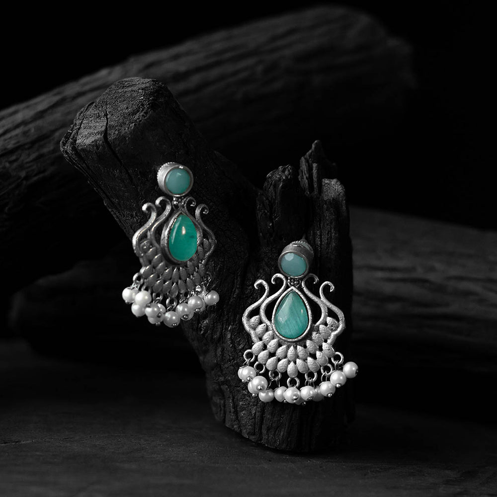 Saanjh Bela Pista Green Lotus Oxidised Earrings