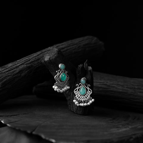 Saanjh Bela Pista Green Lotus Oxidised Earrings