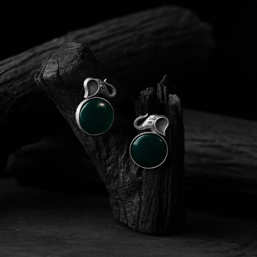 Saanjh Bela Green Elephant Motif Oxidised Earrings