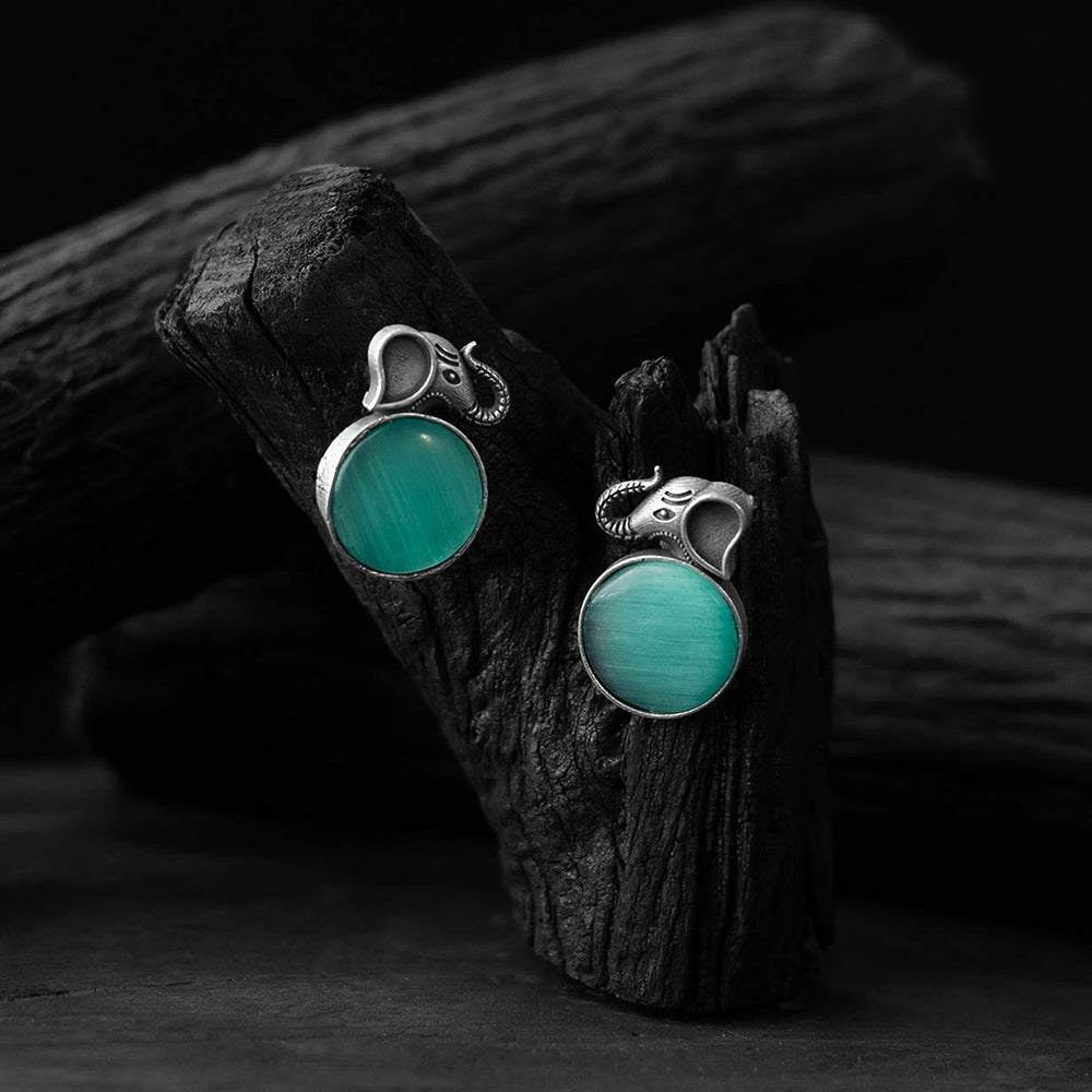 Saanjh Bela Teal Green Elephant Motif Oxidised Earrings
