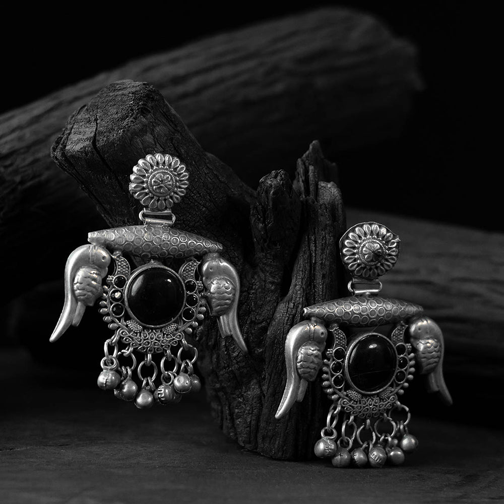 Saanjh Bela Black Parrot & Bloom Oxidised Earrings