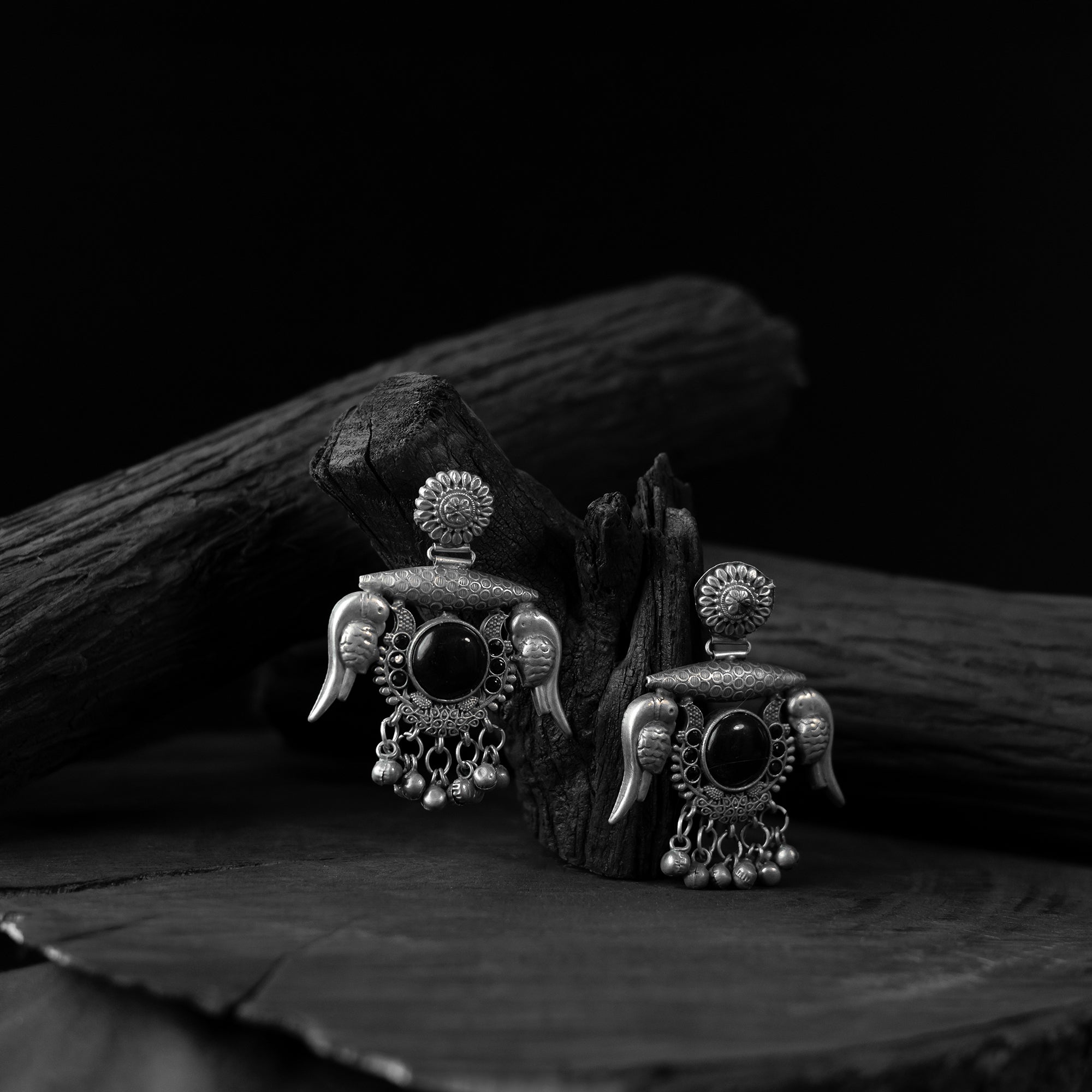 Saanjh Bela Black Parrot & Bloom Oxidised Earrings