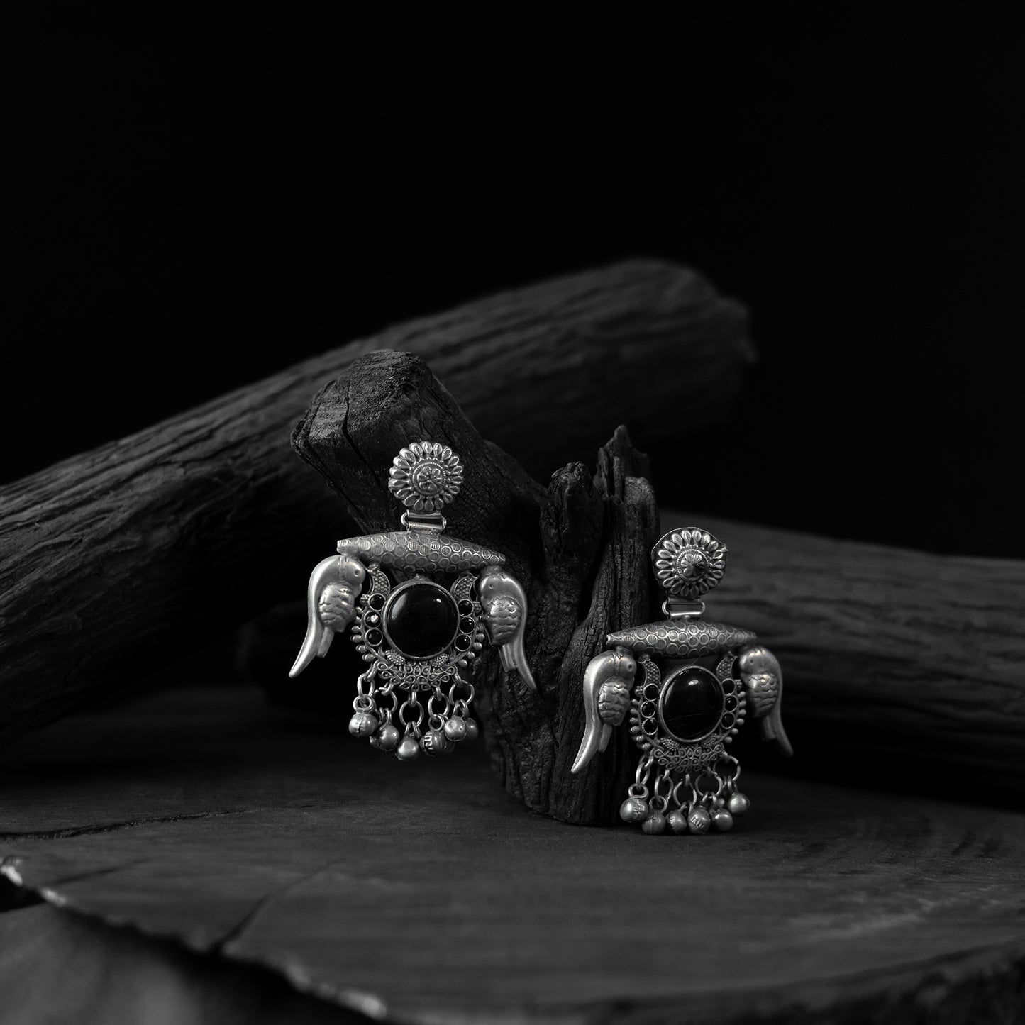 Saanjh Bela Black Parrot & Bloom Oxidised Earrings