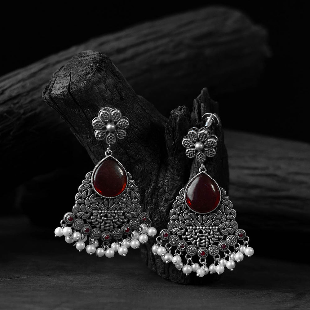 Saanjh Bela Red Flower Oxidised Earrings