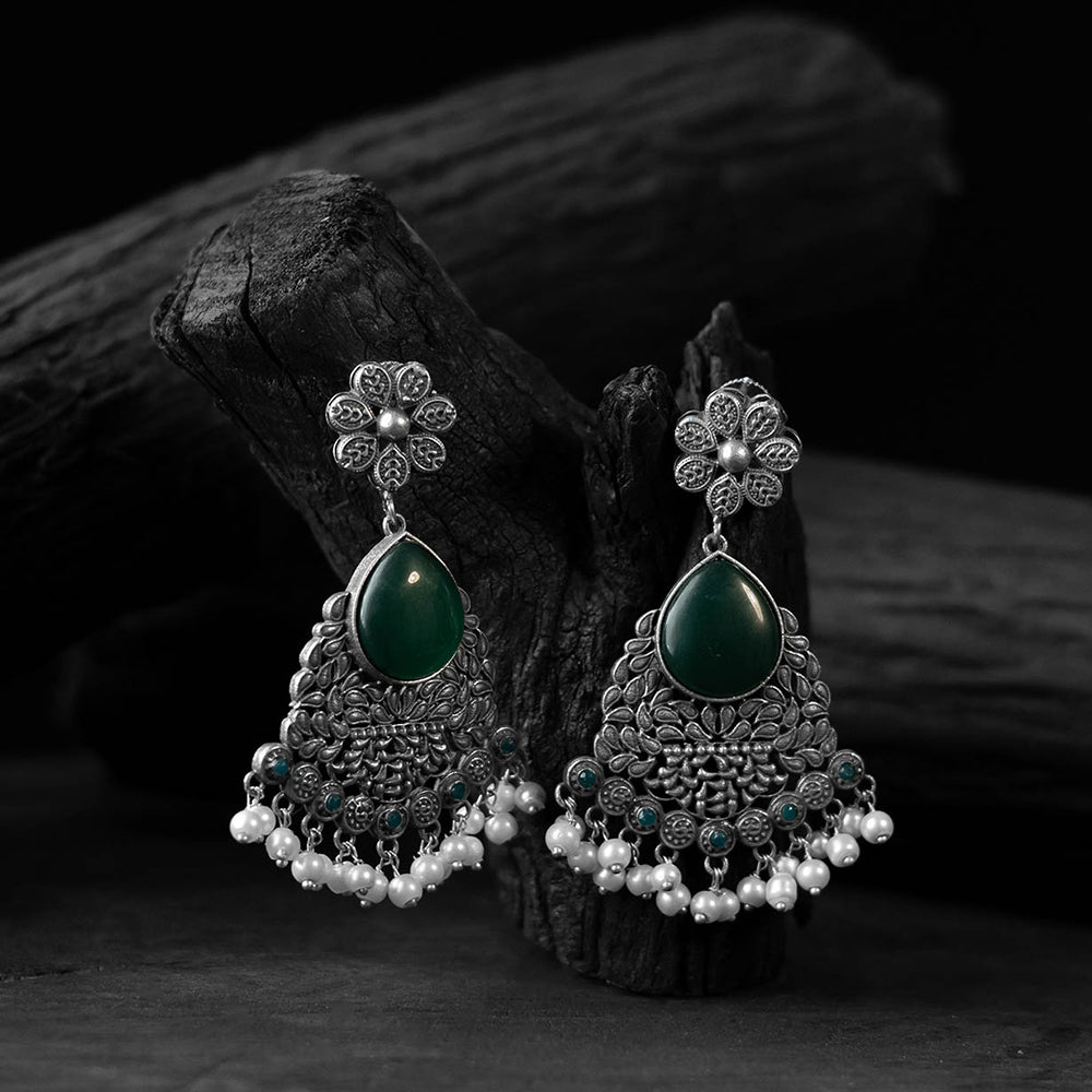 Saanjh Bela Green Flower Oxidised Earrings