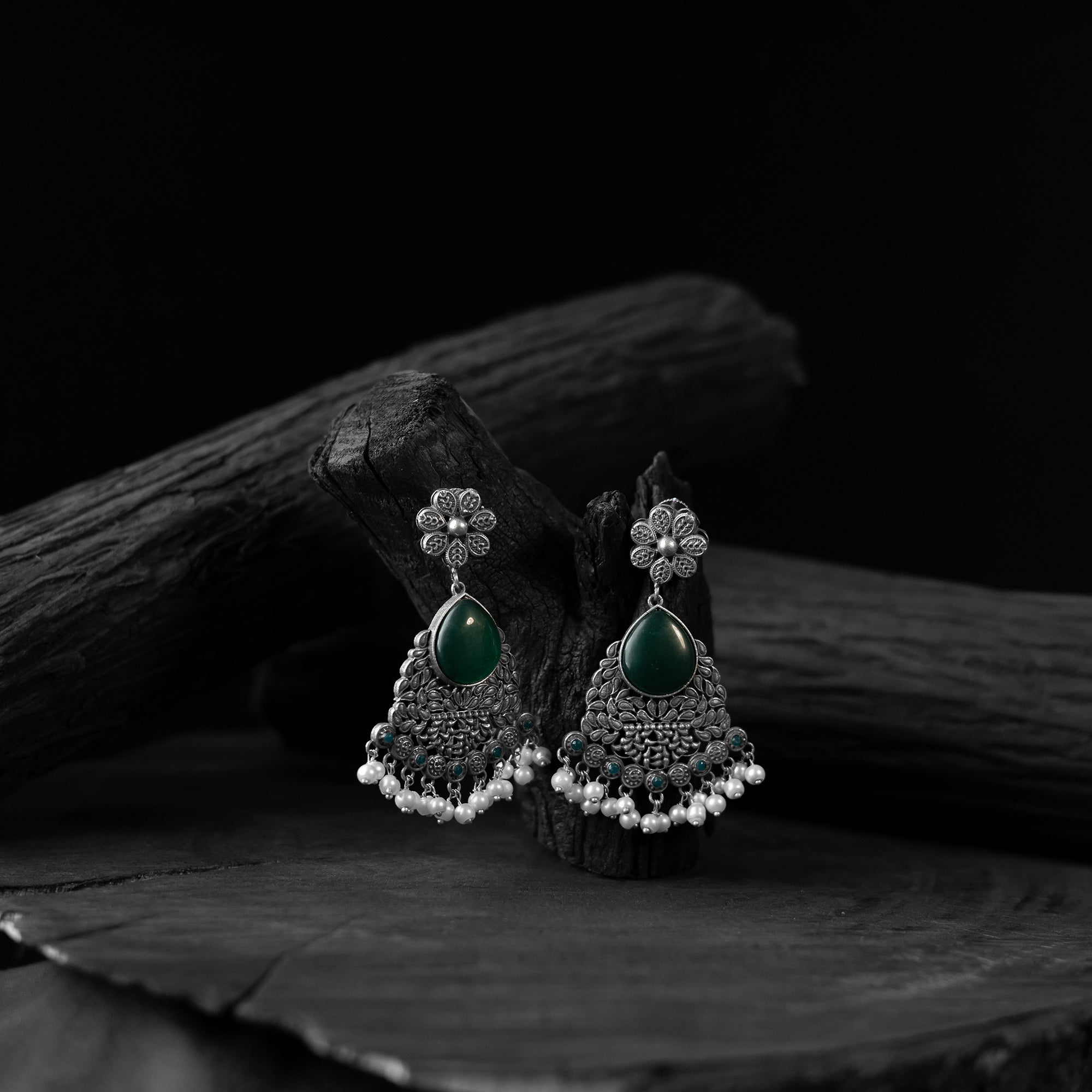 Saanjh Bela Green Flower Oxidised Earrings