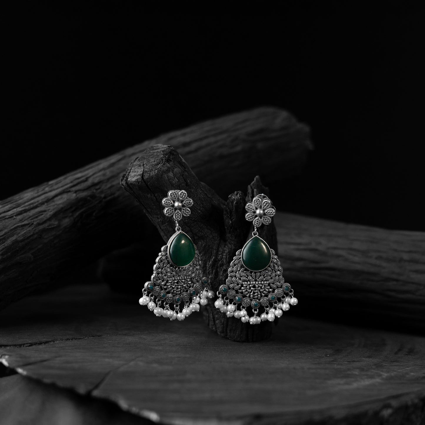 Saanjh Bela Green Flower Oxidised Earrings