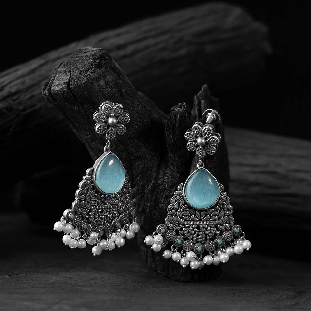 Saanjh Bela Sky Blue Flower Oxidised Earrings