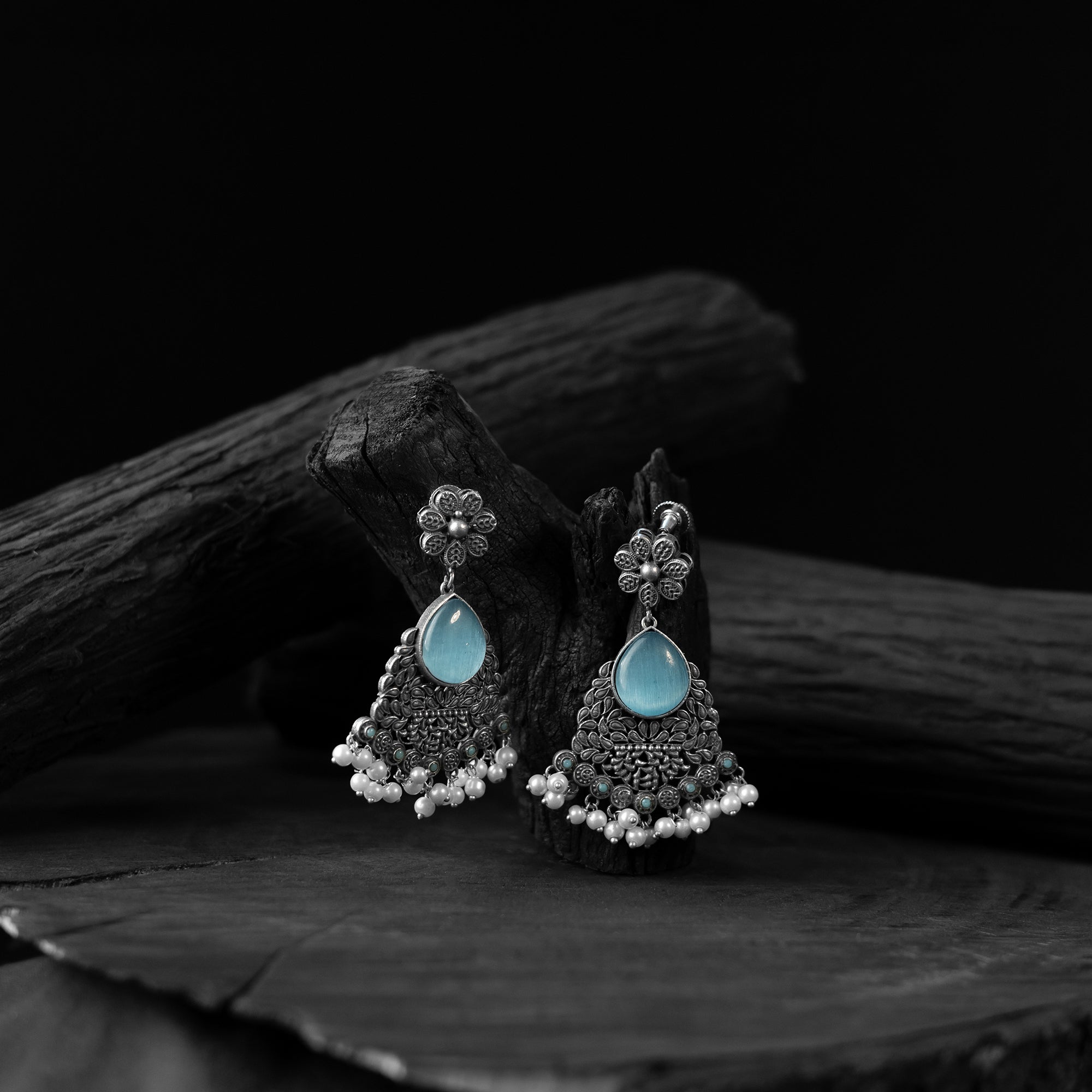 Saanjh Bela Sky Blue Flower Oxidised Earrings