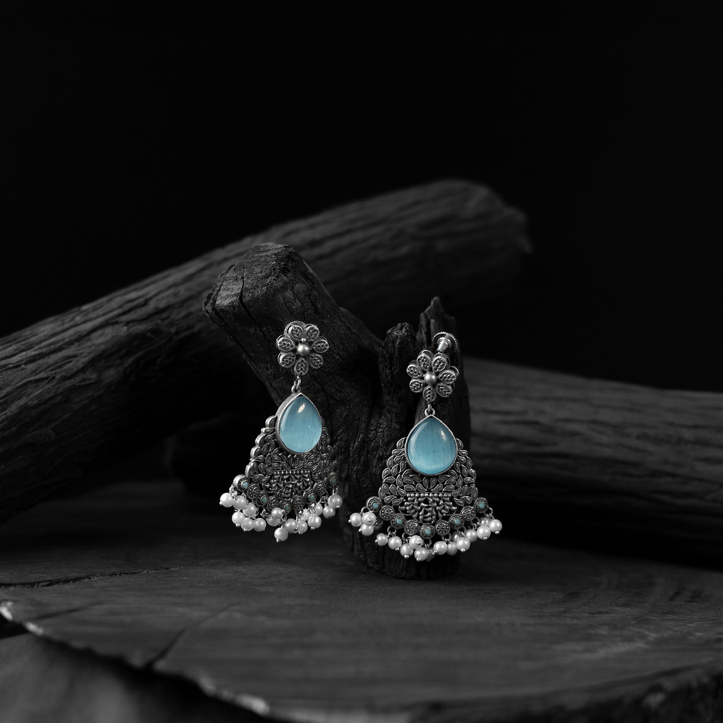Saanjh Bela Sky Blue Flower Oxidised Earrings
