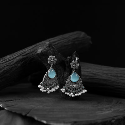 Saanjh Bela Sky Blue Flower Oxidised Earrings