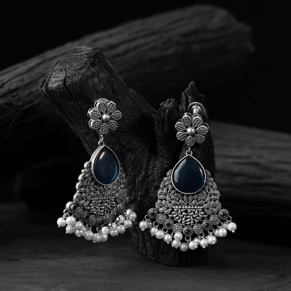 Saanjh Bela Blue Flower Oxidised Earrings