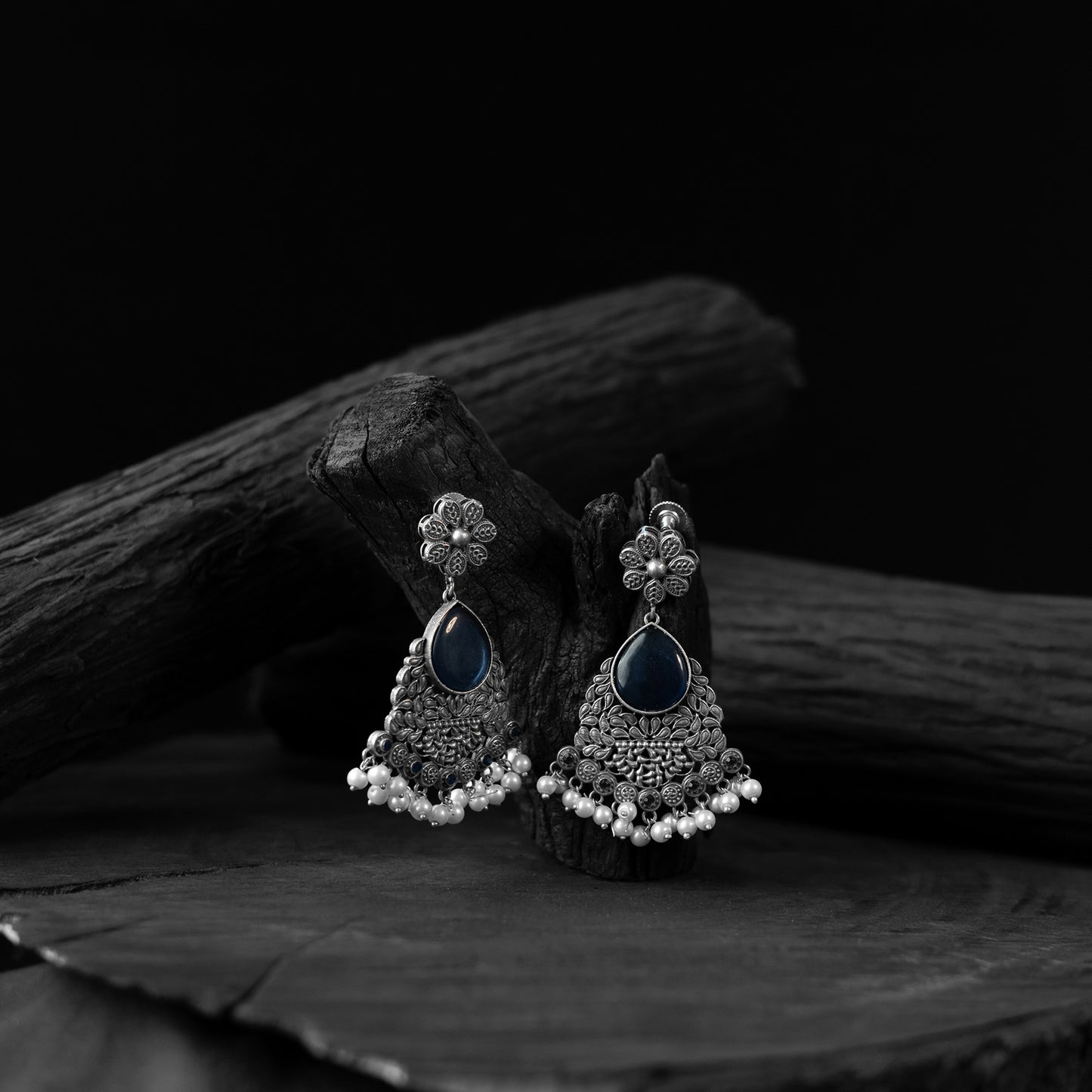 Saanjh Bela Blue Flower Oxidised Earrings