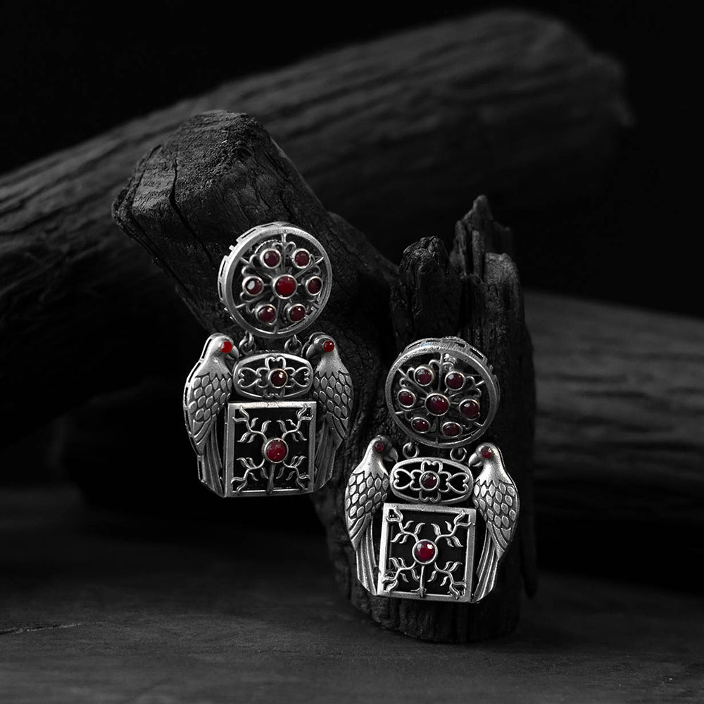 Saanjh Bela Red Bird Oxidised Earrings