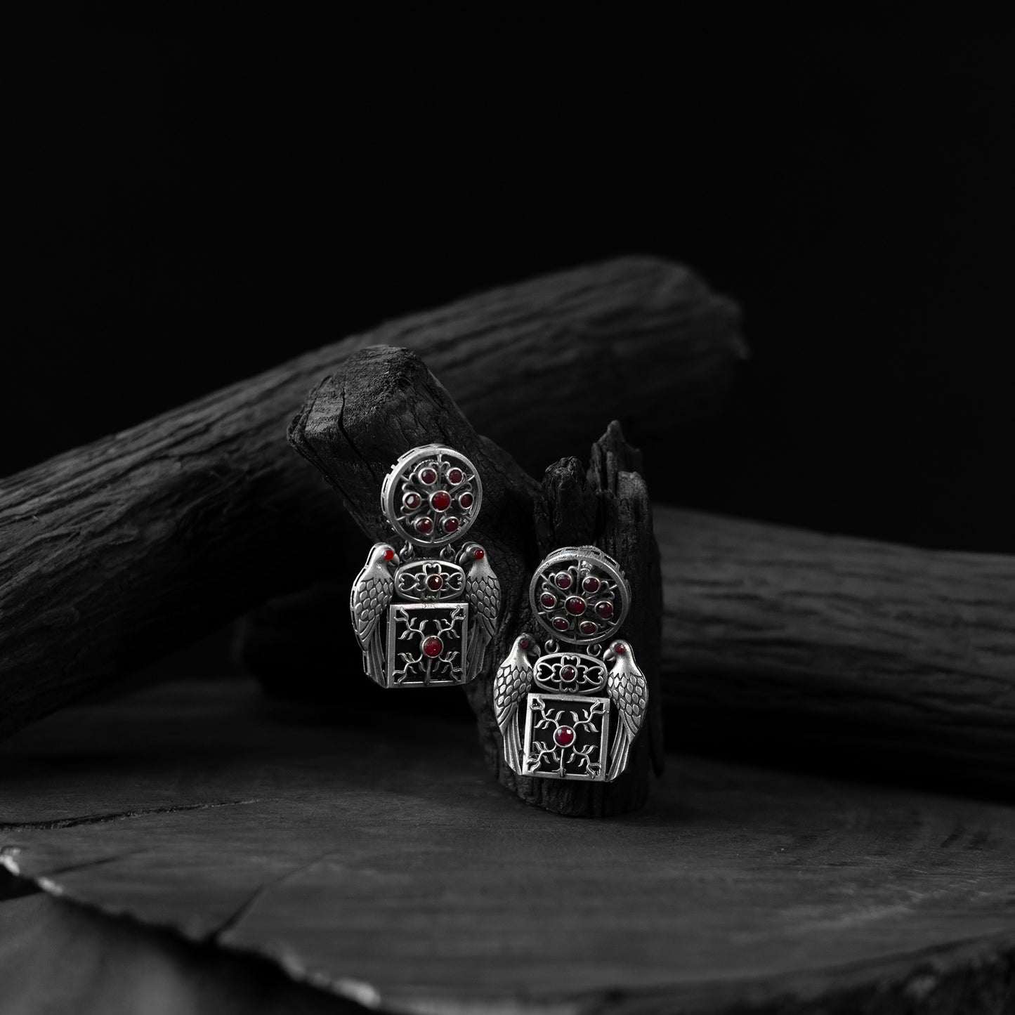 Saanjh Bela Red Bird Oxidised Earrings