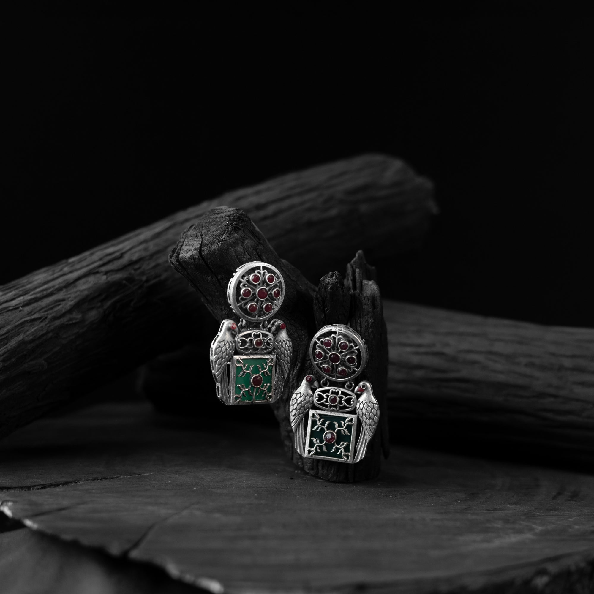 Red & Green Bird Saanjh Bela Oxidised Earrings