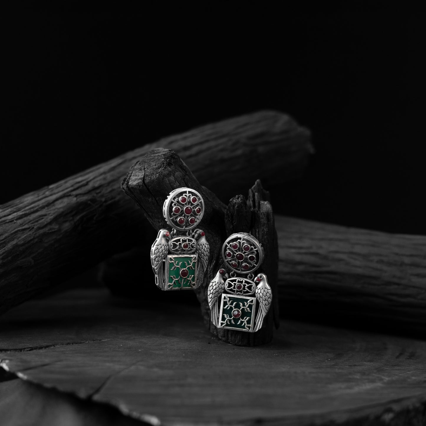 Red & Green Bird Saanjh Bela Oxidised Earrings