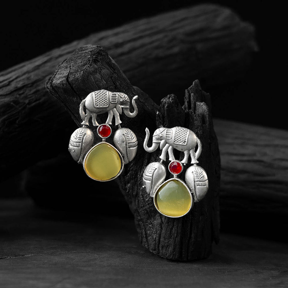 Saanjh Bela Yellow Elephant & Leaves Oxidised Earrings
