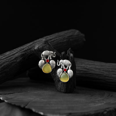 Saanjh Bela Yellow Elephant & Leaves Oxidised Earrings