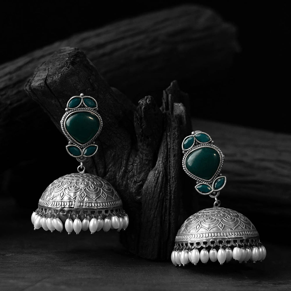 Saanjh Bela Green Leaves Oxidised Jhumka Earrings