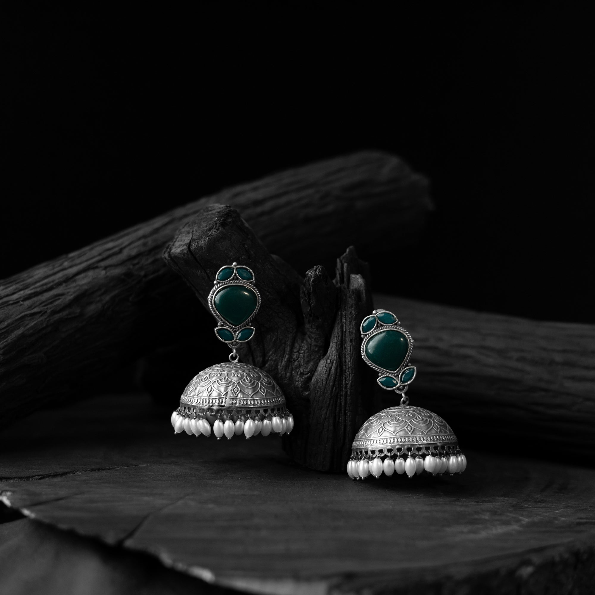 Saanjh Bela Green Leaves Oxidised Jhumka Earrings
