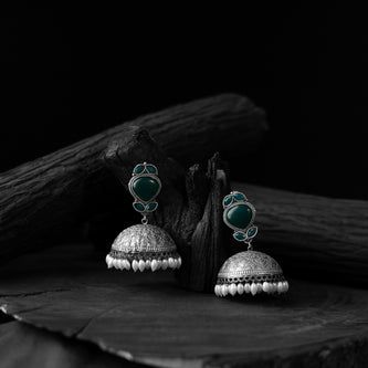 Saanjh Bela Green Leaves Oxidised Jhumka Earrings