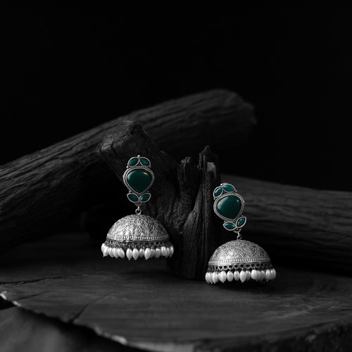 Saanjh Bela Green Leaves Oxidised Jhumka Earrings