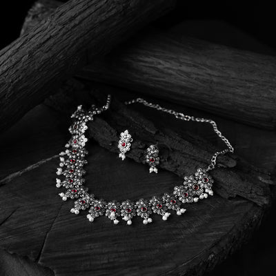 Red Saanjh Bela Flower Oxidised Necklace Set