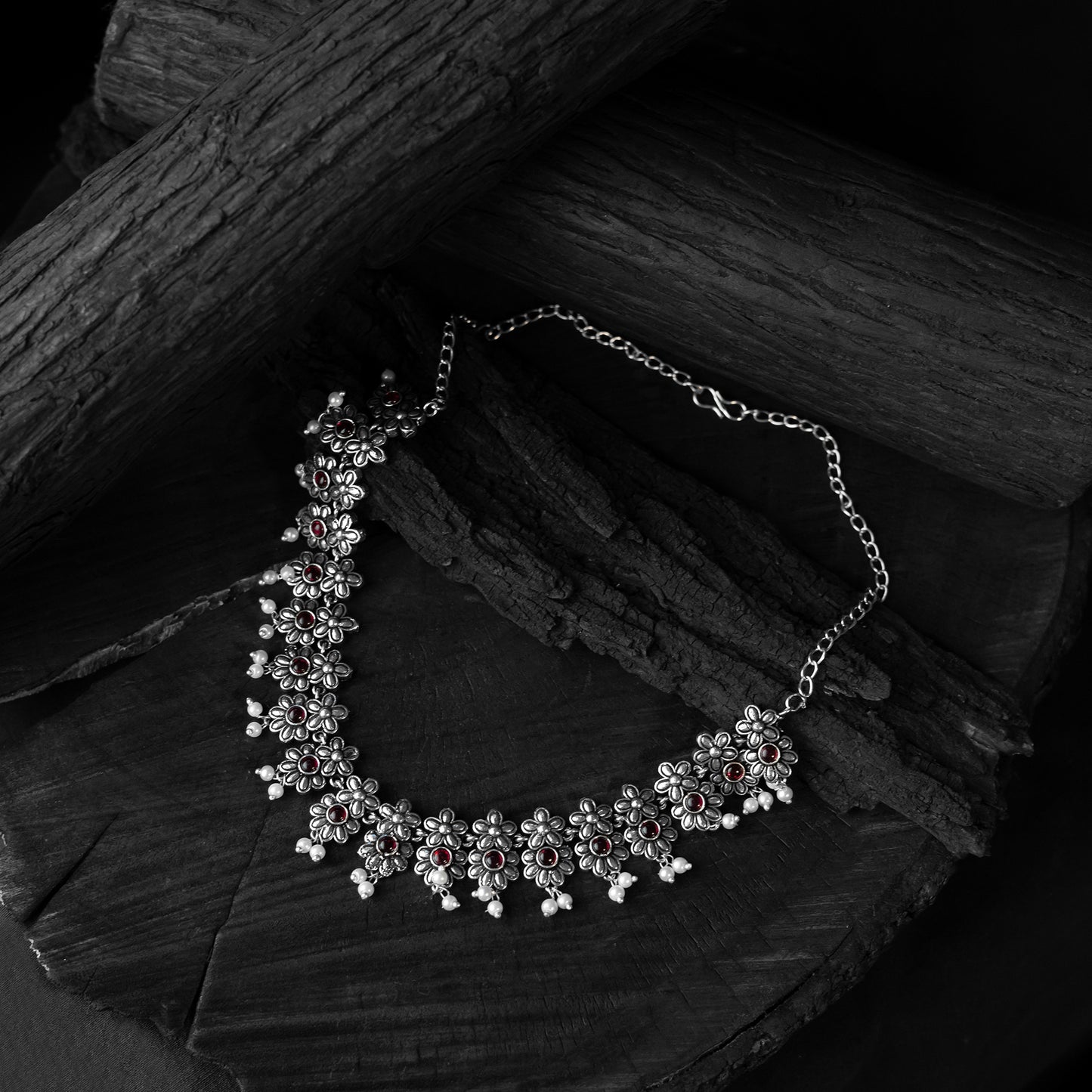 Red Saanjh Bela Flower Oxidised Necklace Set