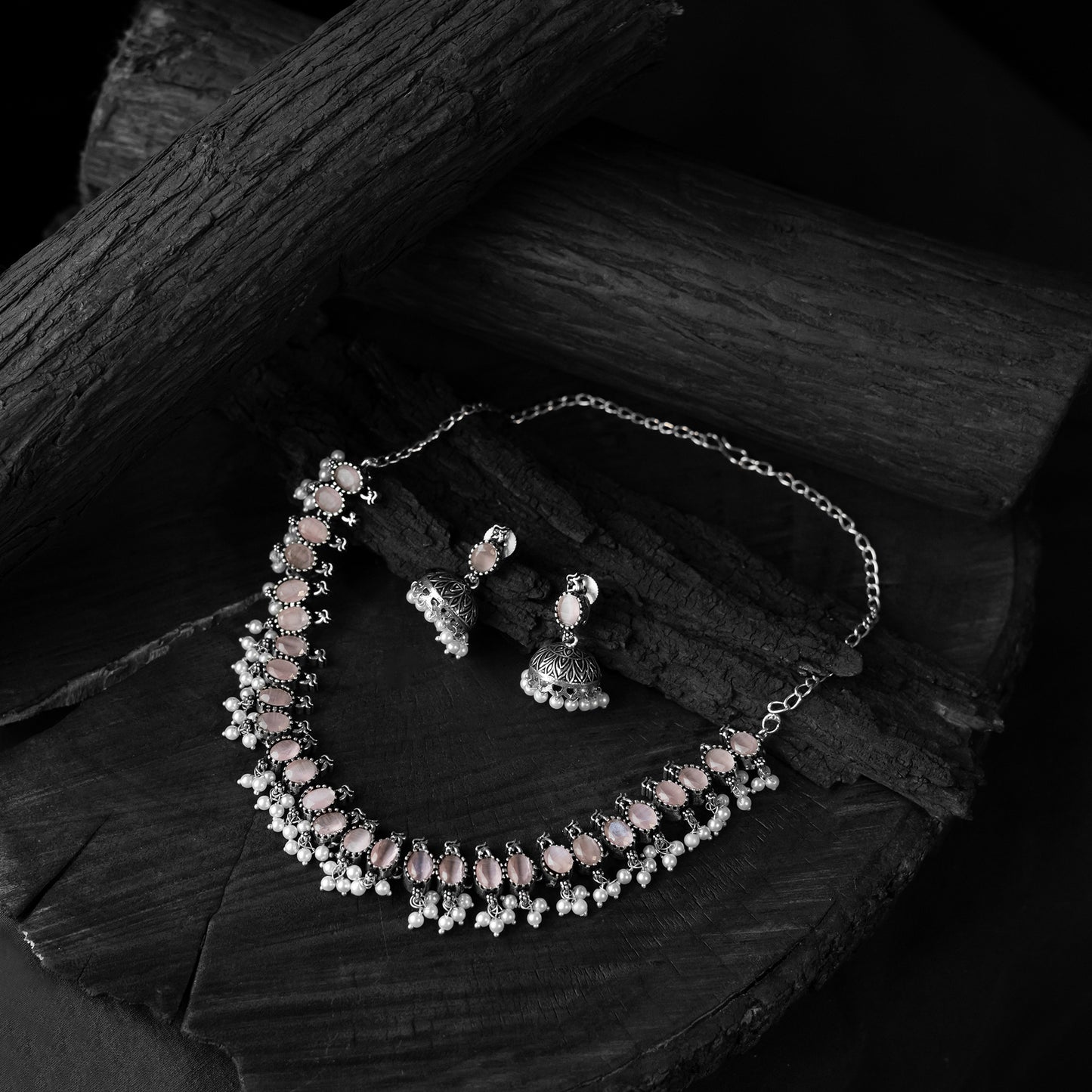 Saanjh Bela Pink Oval Oxidised Necklace Set