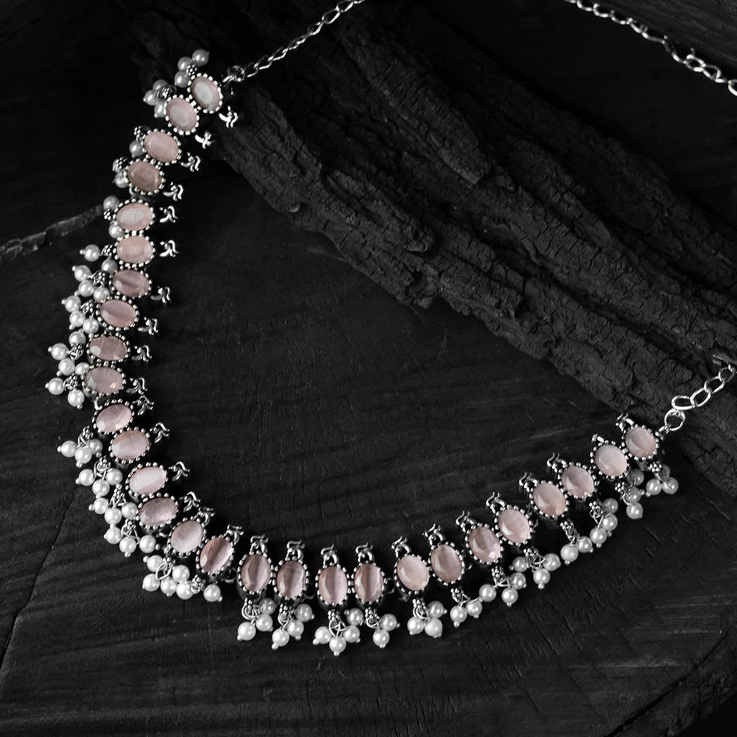 Saanjh Bela Pink Oval Oxidised Necklace Set