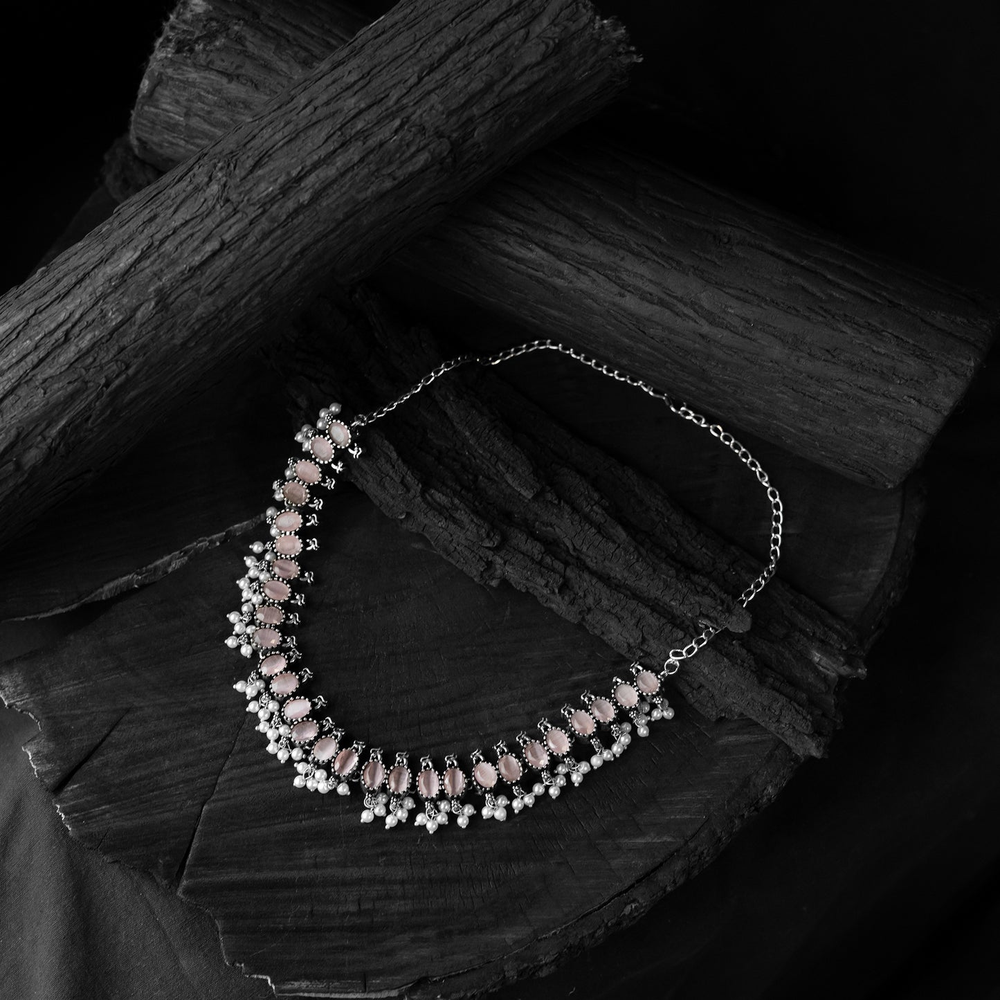 Saanjh Bela Pink Oval Oxidised Necklace Set
